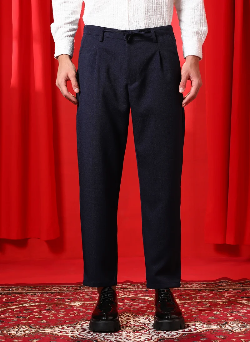 كامبوس سوترا Men's Prussian Blue Tailored Linen-Blend Trousers For Casual Wear | Mid-Rise | Regular Fit | Drawstring Closure | Trousers Crafted With Comfort Fit For Everyday Wear